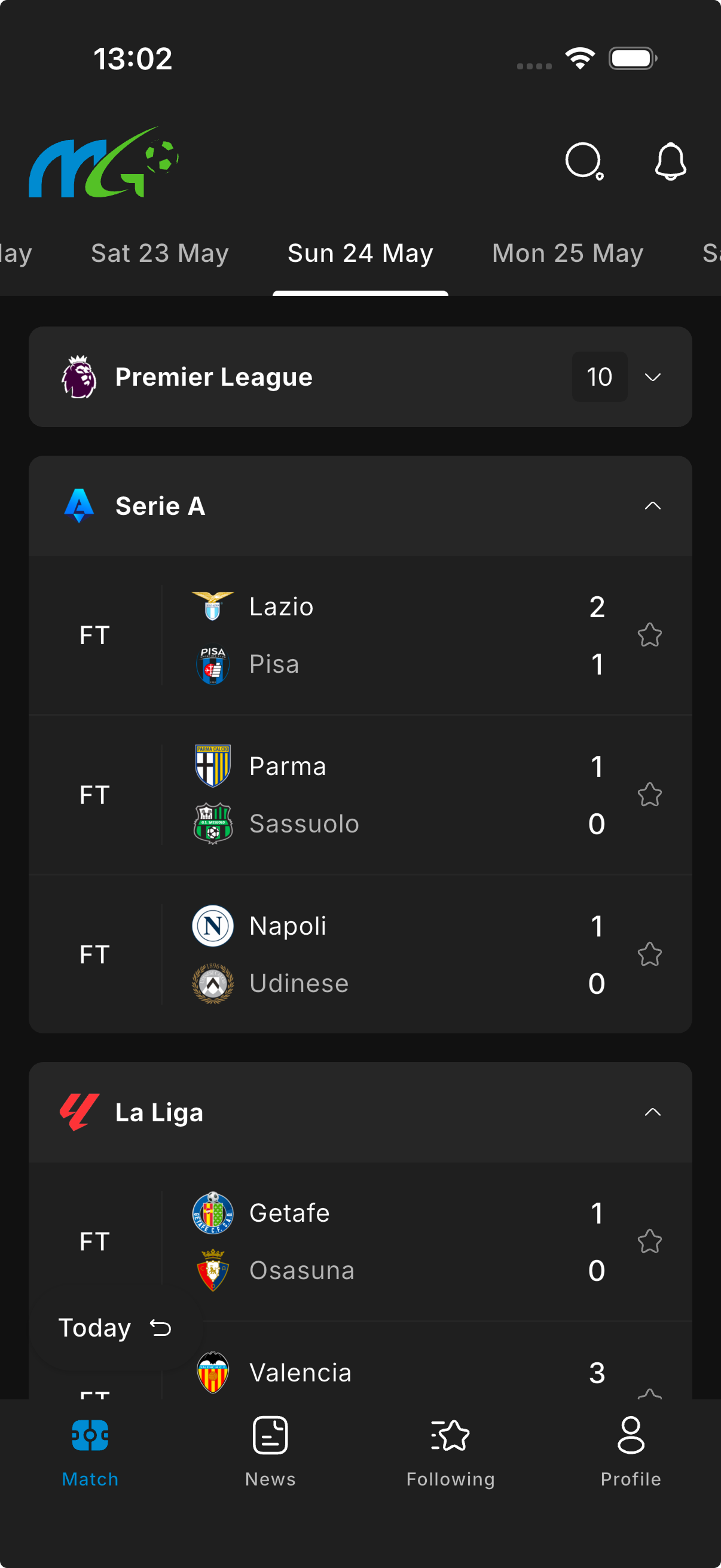 Myanmar Goal home screen with live fixtures grouped by league